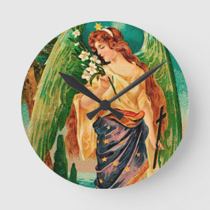 Angel met een bloemetaftakking ronde klok