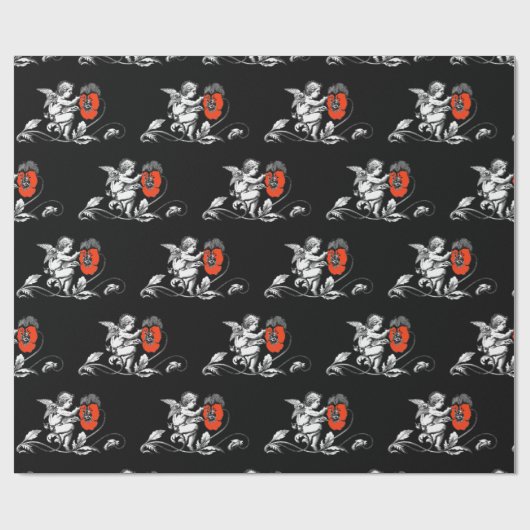 ANGEL PAINTING RED FLOWERS Black White Kerstmis Cadeaupapier (Vlak)