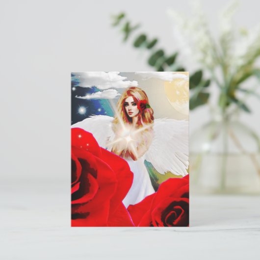 Angel Red Rose Wings Moon Mooie Fantasy Art Briefkaart (Staand voorkant)