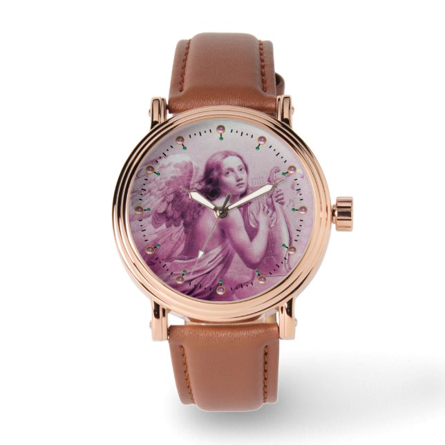 ANGEL SPEELT LYRA OVER DE CLOUDS roze stenen Horloge (Voorkant)