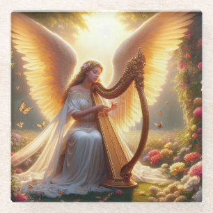 Angel Spelen Een Harp Met Bloemen & Vlinders Glazen Onderzetter
