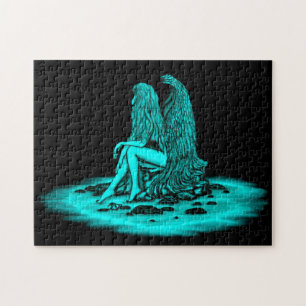 Angel, verloren in gedachte, zwart en groen design legpuzzel