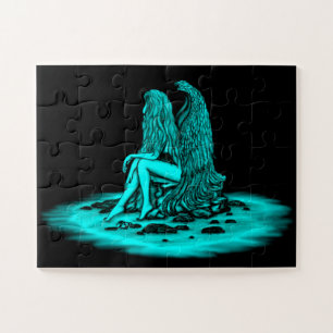 Angel, verloren in gedachte, zwart en groen design legpuzzel