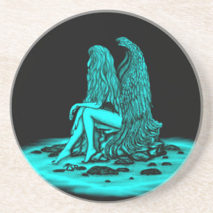 Angel, verloren in gedachte, zwart en groen design zandsteen onderzetter