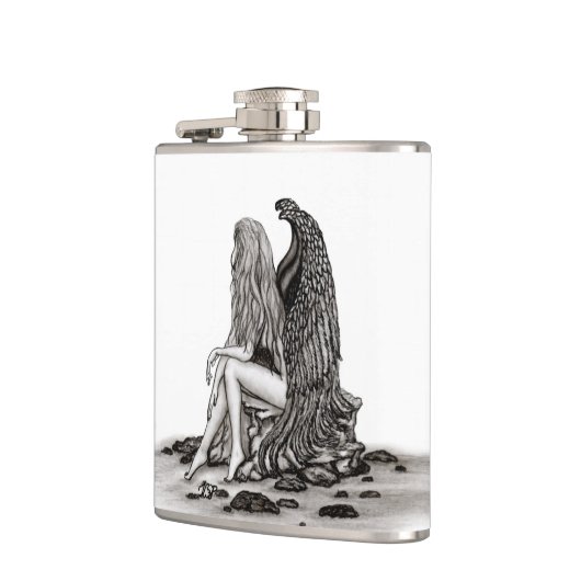 Angel, verloren in gedachte, zwart-wit design heupfles (Links)