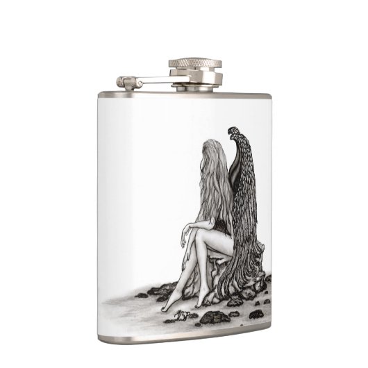 Angel, verloren in gedachte, zwart-wit design heupfles (Rechts)