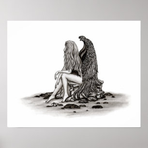 Angel, verloren in gedachte, zwart-wit design poster