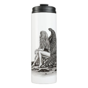 Angel, verloren in gedachte, zwart-wit design thermosbeker