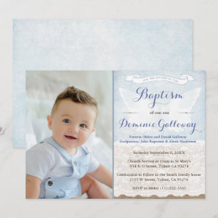 Angel Wings Burlap Lace Baby Boy Baptism PhotoCard Kaart