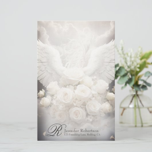 Angel Wings en Rozen Monogram Stationery Briefpapier (Staand voorkant)