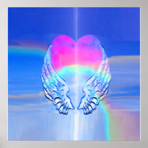 Angel Wings gewikkeld rond een regenbooghart Poster