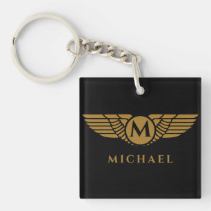 Angel Wings Golden Name Initiaal Monogram Sleutelhanger