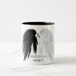 ANGEL WINGS 'Only Half Evil' Monogram Funny Tweekleurige Koffiemok