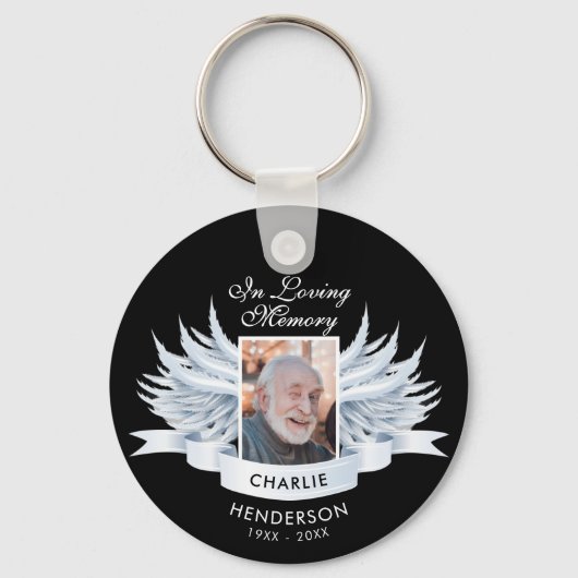 Angel Wings Photo Loving Memory Funeral/Memorial Sleutelhanger (Voorkant)