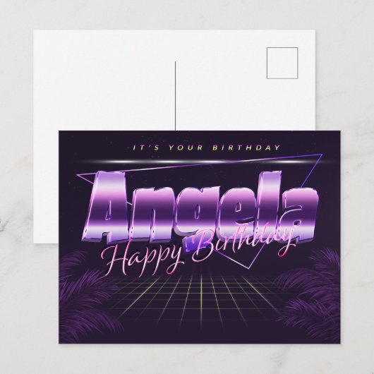 Angela prénom carte postale violette anniversaire (Devant / Derrière)
