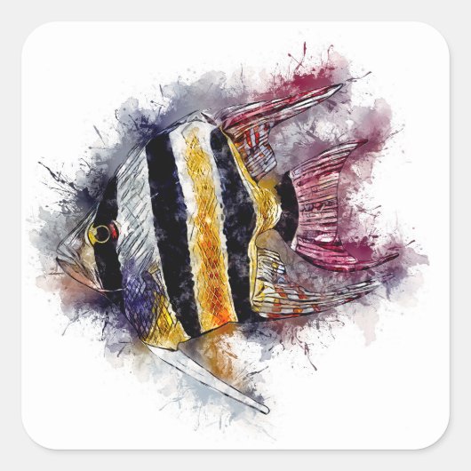 AngelFish Waterverf Aquarium Zee Creature Artwork Vierkante Sticker (Voorkant)