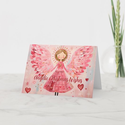 Angelic Christmas Wishes Pink Angel Feestdagen Kaart (Voorkant)