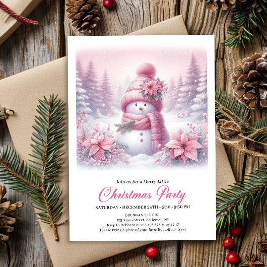 Angelic Pink Snowman Digital Christmas Invitation