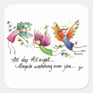 Angels Flying Gelukkig "All Day" Waterverf Schets Vierkante Sticker