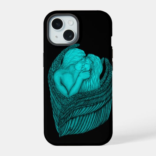 Angels Kissing, zwart en groen design iPhone 15 Hoesje (Achterkant)