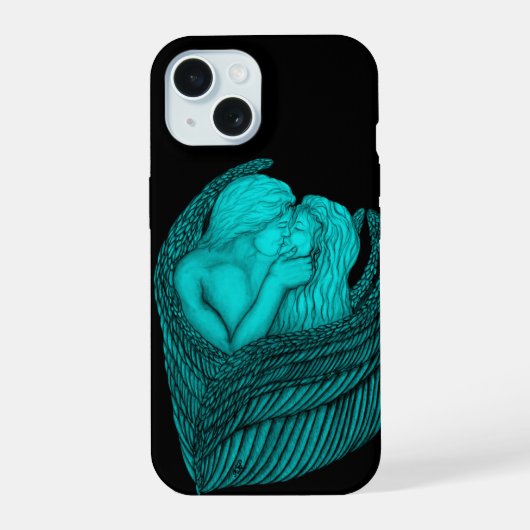 Angels Kissing, zwart en groen design iPhone 15 Hoesje (Achterkant)