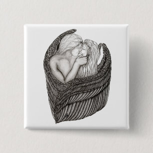 Angels Kissing, zwart-wit design Vierkante Button 5,1 Cm