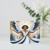 Angle de Noël noir en carte postale bleue et or (Debout devant)