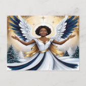 Angle de Noël noir en carte postale bleue et or (Devant)