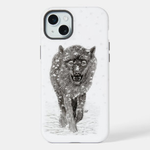 Angry Black Wolf in sneeuw, wilde winter iPhone 15 Plus Case