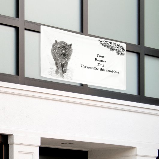 Angry Black Wolf in sneeuw, wilde winter Spandoek (Buitenkant Gebouw)