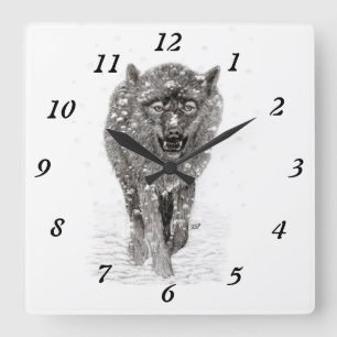 Angry Black Wolf in sneeuw, wilde winter Vierkante Klok