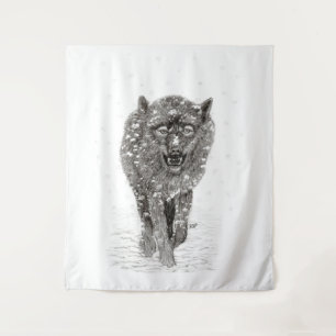 Angry Black Wolf in sneeuw, wilde winter Wandkleed