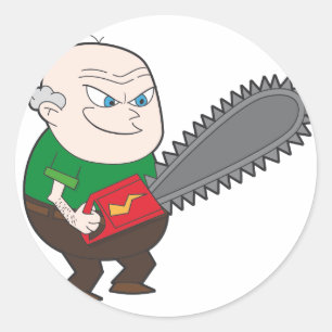 Angry man met kettingzaag cartoon ronde sticker