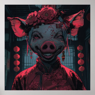 Angstaanjagende Cartoon Pig met Chinese Nieuwjaar Poster