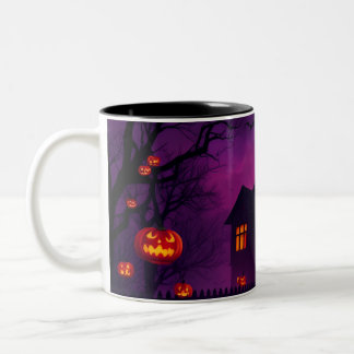 Angstaanjagende Halloween-Mok - spookhuis met pomp Tweekleurige Koffiemok