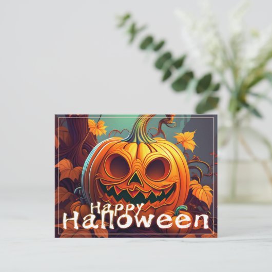 Angstaanjagende Oranje pompoen met gezicht, Hallow Feestdagenkaart (Staand voorkant)