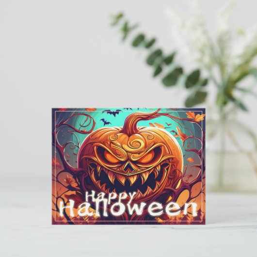 Angstaanjagende Oranje pompoen met gezicht, Hallow Feestdagenkaart (Staand voorkant)