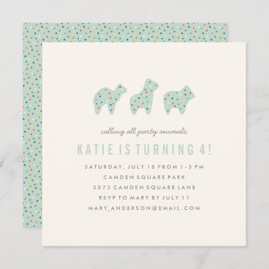 Animal Cookie Birthday Invitation - Mint Kaart (Voorkant / Achterkant)