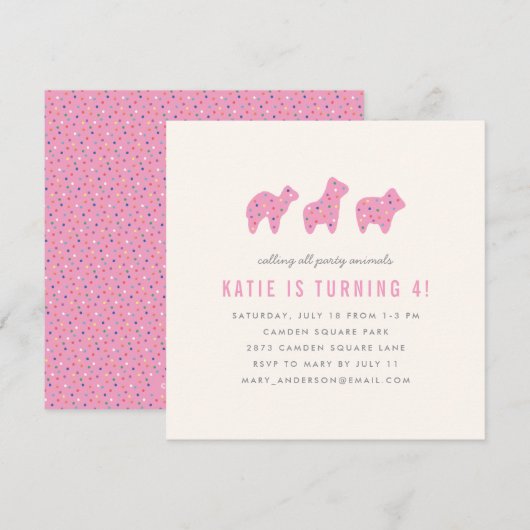 Animal Cookie Birthday Party Invitation - Magenta Kaart (Voorkant / Achterkant)