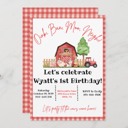 Animal de ferme Barnyard Bash Invitation d'anniver (Devant / Derrière)