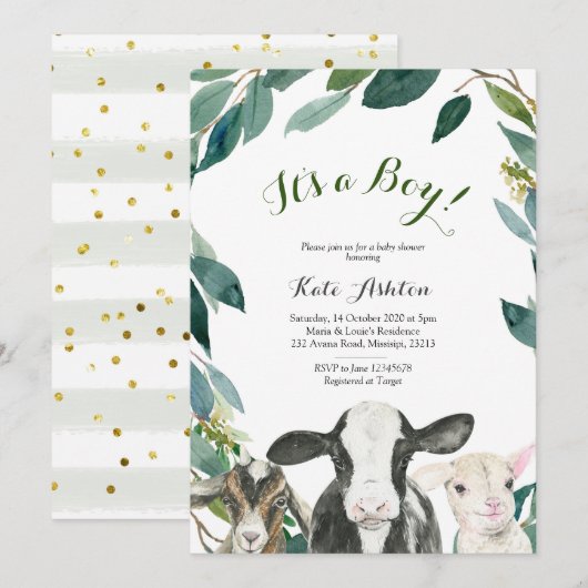 Animal de ferme verdure Boy Baby shower Invitation (Devant / Derrière)