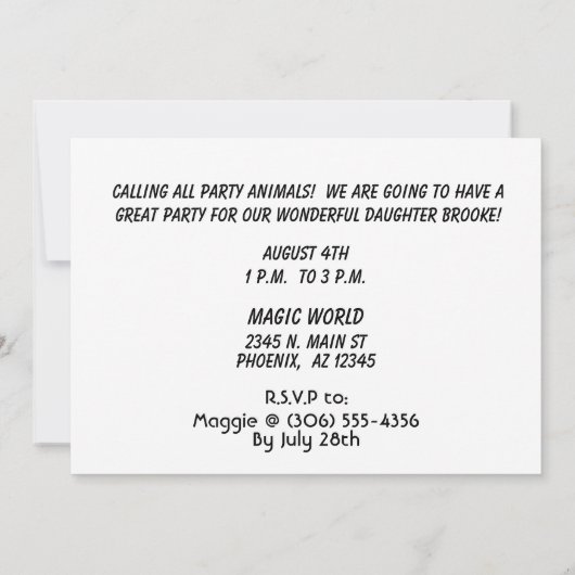 Animal de fête, Invitation d'anniversaire (Dos)