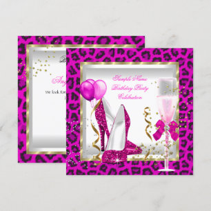 Animal Hot Pink Gold Glitter Heels Birthday Party Kaart