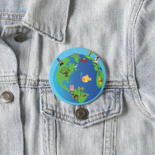 Animal Wereldkaart Schattigee Wildlife Illustratie Ronde Button 7,6 Cm