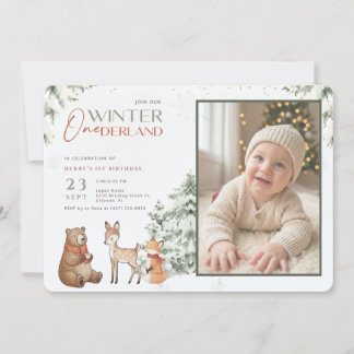 Animal Winter Onederland Kid Photo First Birthday Kaart