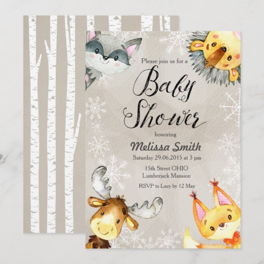 Animal Winter Woodland Baby Shower Invitations (Devant / Derrière)