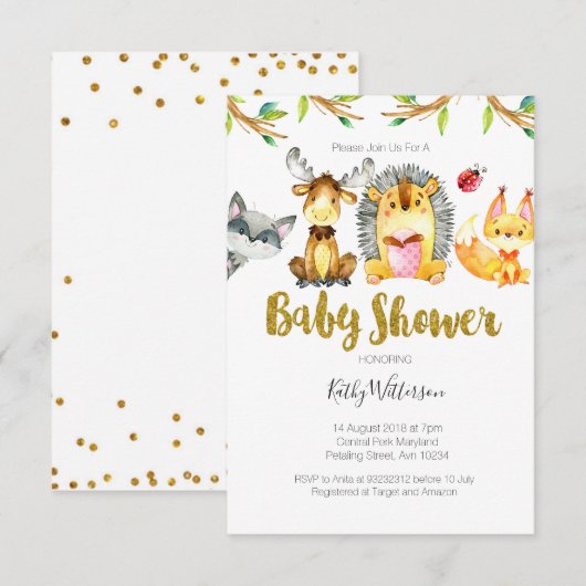 Animal Woodland Créatures Baby shower Invitation (Devant / Derrière)