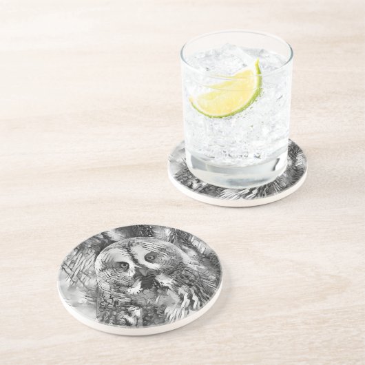 AnimalArtBW_Owl_001 Zandsteen Onderzetter (Zijkant)