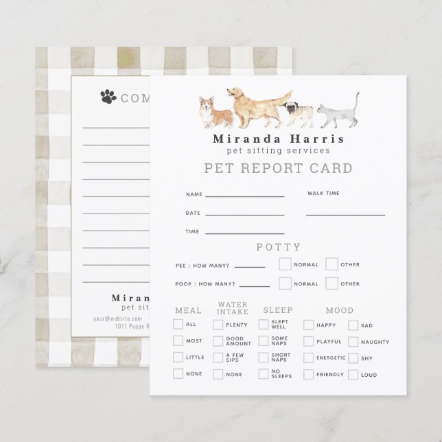 Animals Pet Sitter Dog Walker Pet Report Card (Voorkant / Achterkant)