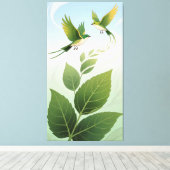 Animated patterns of leaves and birds canvas afdruk (Insitu (Houten vloer))